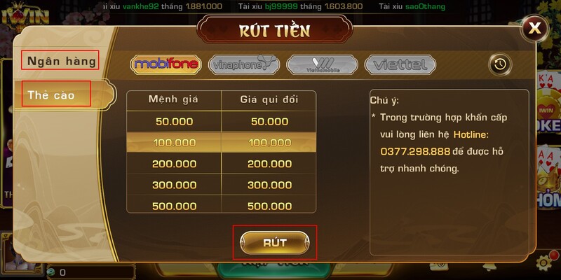 Hướng dẫn rút tiền I win với thẻ cào